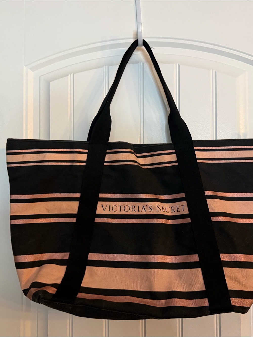 Victoria's Secret Black and Pink Striped Canvas Tote NWOT